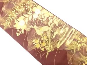 鹿に菊・萩模様織り出し　袋帯